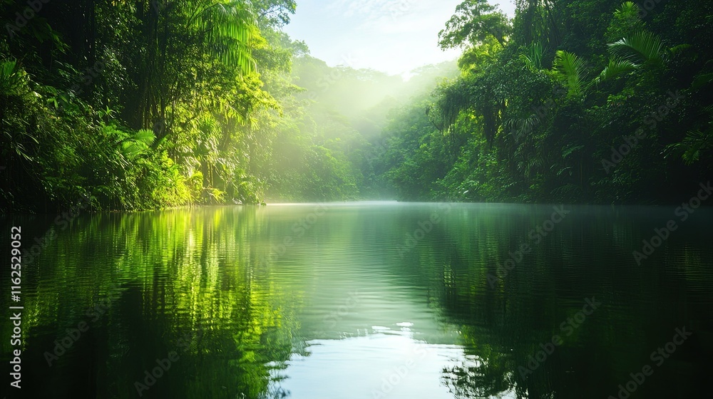 Lush Jungle River, vibrant tropical foliage lining a serene waterway, a perfect blend of rich biodiversity and tranquil nature Lush Jungle River, vibrant tropical foliage lining a serene waterway, a perfect blend of rich biodiversity and tranquil nature