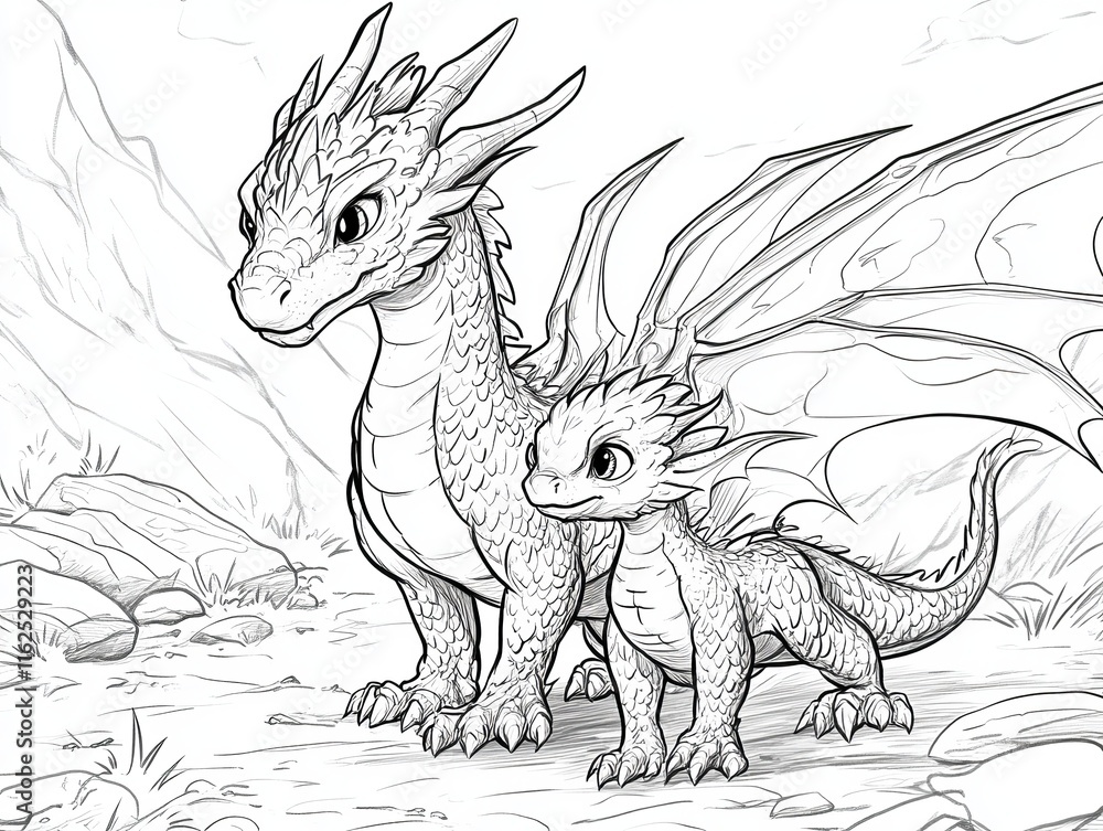 Fototapeta premium Coloring book of dragon for children and adults, Kids coloring books with cute dragon cartoon character, fun and educational materials for kindergarten.