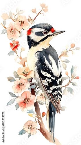 Watercolor painting of a woodpecker perched on a flowering branch. (1) photo