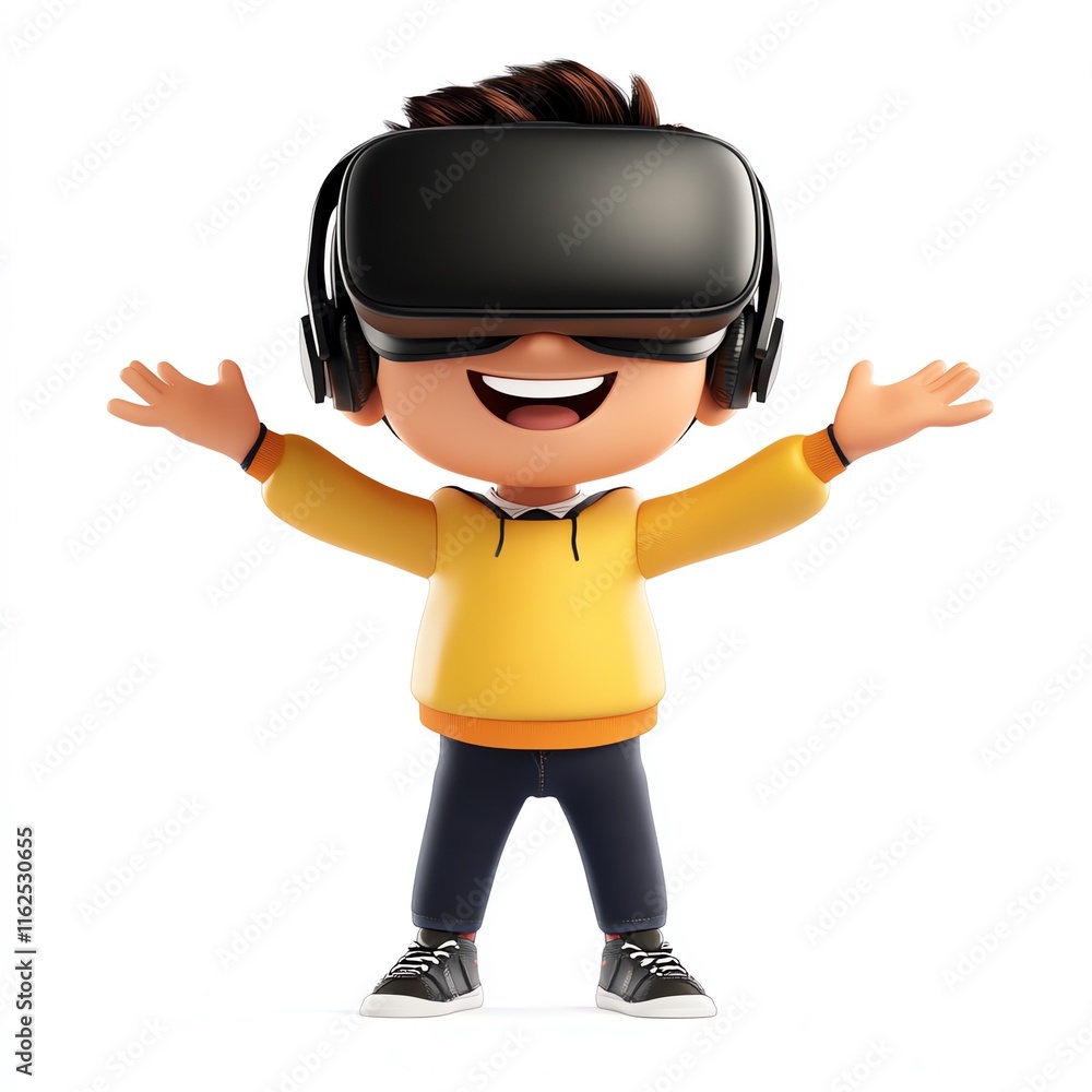 A 3D isolated cartoon character of. boy wearing yellow hoodie and a VR headset on a white background A 3D isolated cartoon character of. boy wearing yellow hoodie and a VR headset on a white background