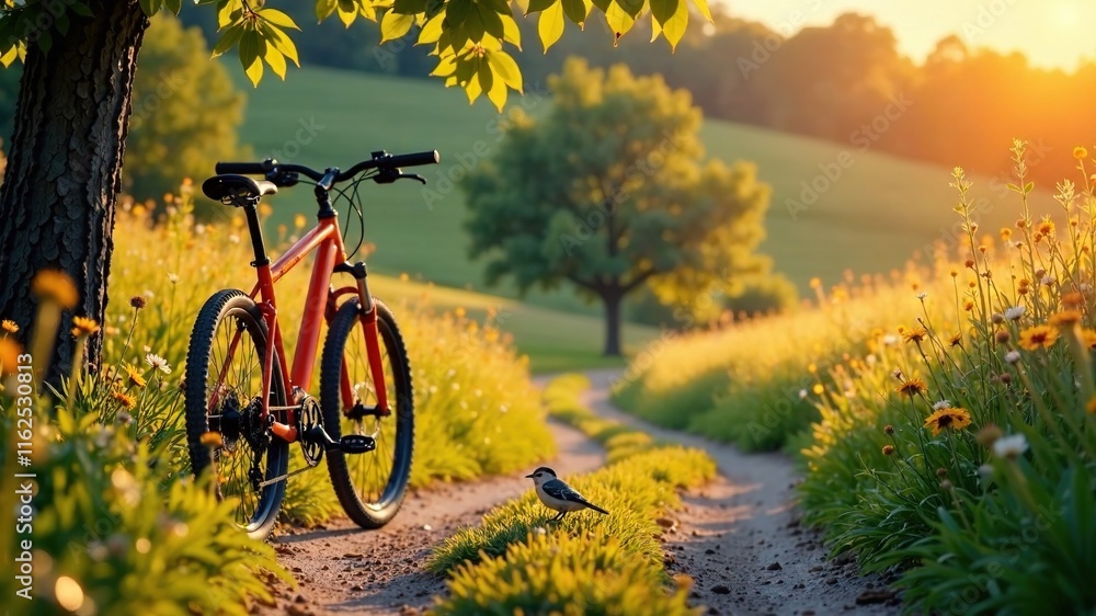 Naklejka premium Countryside Bike Trail Entrance - Orange Bicycle