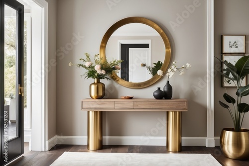 Contemporary Foyer Design With Wooden Console Table And Gold Framed Circular Mirror