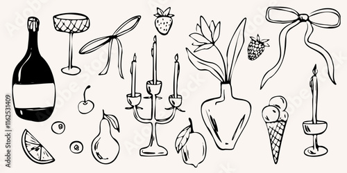 hand drawn vector illustration. wine bottles, fruits, candles, and decorative elements in a minimalist sketch style. The monochrome outline for branding, packaging, invitations, cards, digital media