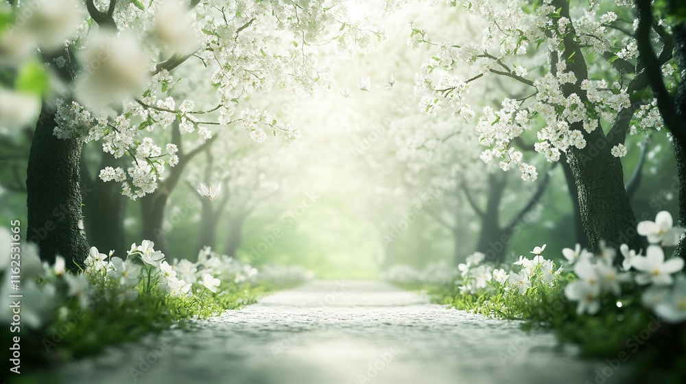 Blossoming Spring Forest, vibrant trees and flowers, fresh greenery, serene atmosphere, enchanting 3D illustration Blossoming Spring Forest, vibrant trees and flowers, fresh greenery, serene atmosphere, enchanting 3D illustration