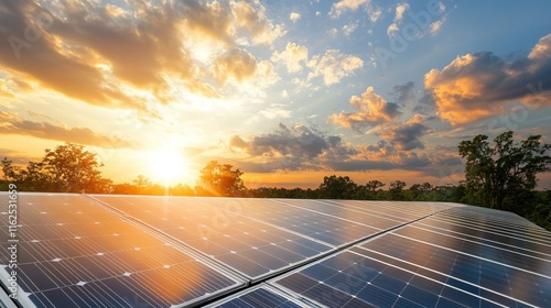 Solar panel roofing installation in a modern suburban neighborhood, showcasing eco-friendly energy solutions and sustainable living practices. photo