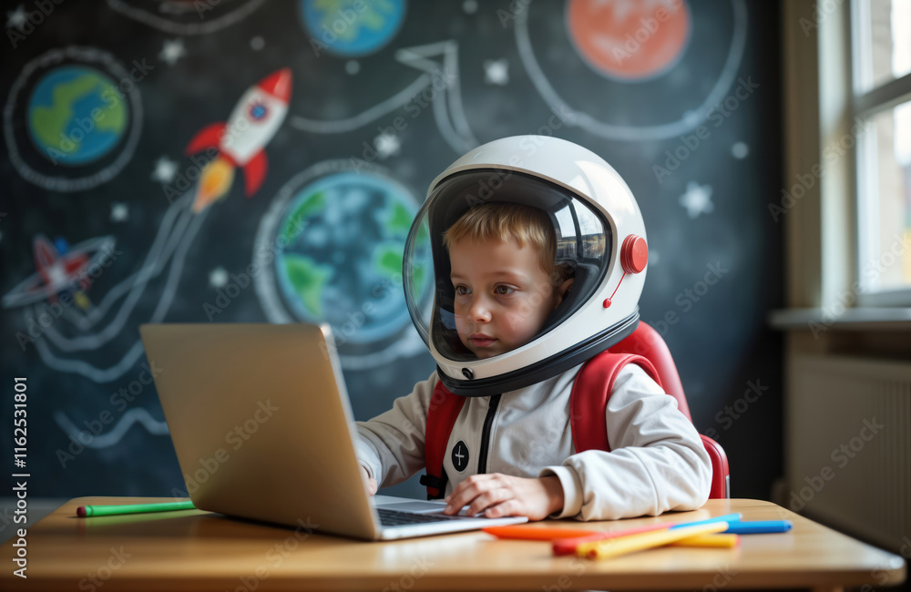 Young boy wearing astronaut helmet studies online class. Child uses laptop for remote learning. Looks focused, interested. Classroom setting with space theme. Back to school concept with kids Young boy wearing astronaut helmet studies online class. Child uses laptop for remote learning. Looks focused, interested. Classroom setting with space theme. Back to school concept with kids