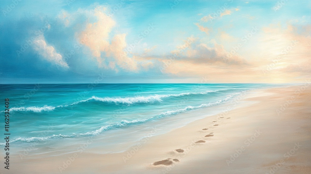 Tropical beach scene with footprints in soft sand, gentle waves lapping at the shore, inviting tranquility and relaxation. Tropical beach scene with footprints in soft sand, gentle waves lapping at the shore, inviting tranquility and relaxation.