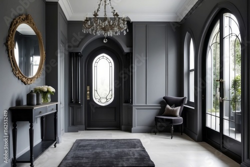 Contemporary Gothic Grey Foyer Design With Shoe Rack photo