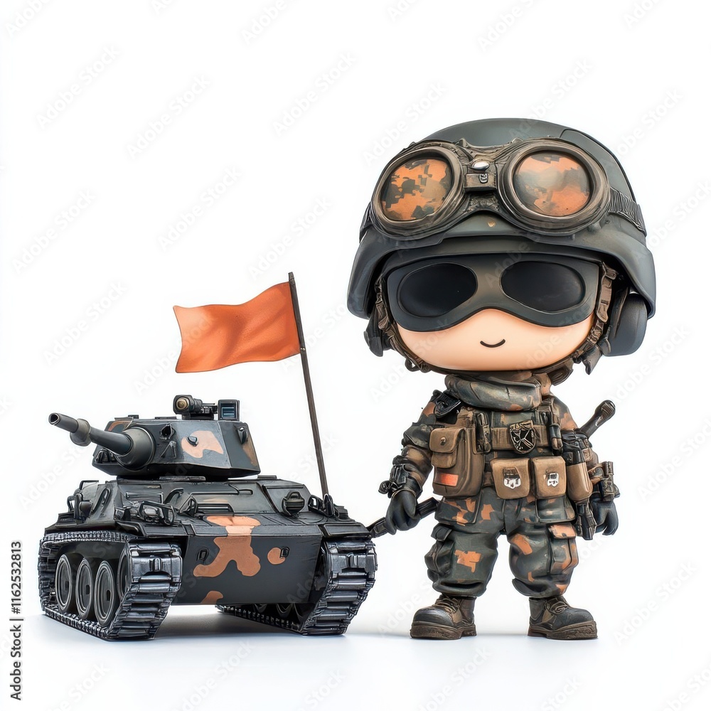 A cute soldier figurine stands beside a miniature tank, both adorned with camouflage patterns. A cute soldier figurine stands beside a miniature tank, both adorned with camouflage patterns.