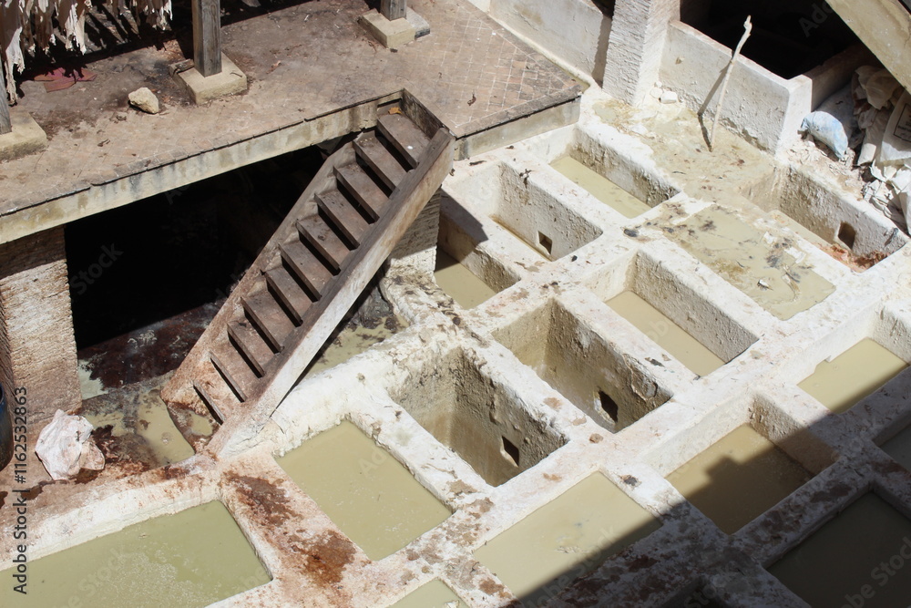 Bac d'une tannerie marocaine à Fès, processus de fabrication du cuir Bac d'une tannerie marocaine à Fès, processus de fabrication du cuir
