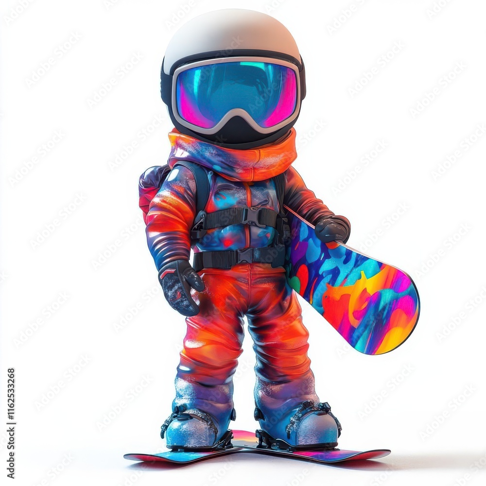A colorful astronaut figure stands on a snowboard, ready for winter sports. A colorful astronaut figure stands on a snowboard, ready for winter sports.