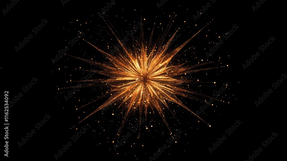 Golden Sparkling Explosion with Radiant Light Effects Against Black Golden Sparkling Explosion with Radiant Light Effects Against Black
