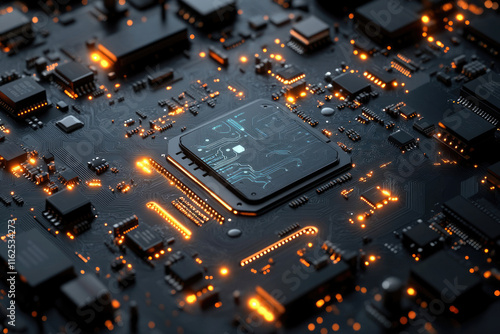 Close-up of a circuit board with a central processor, illuminated with warm light, showcasing intricate technological details.