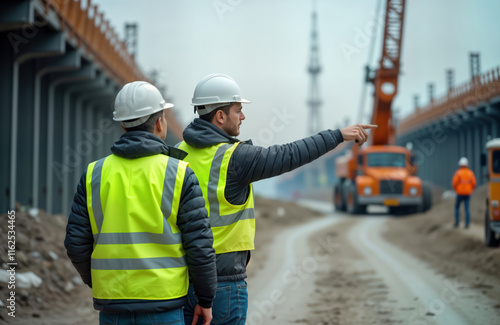 Civil engineers supervise road construction site. Team members wear safety gear. Inspect construction progress, point to something. Construction vehicles visible in background. Modern infrastructure photo