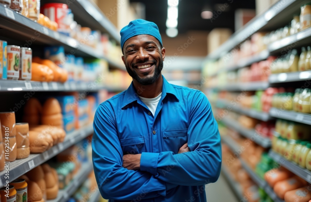Confident manager oversees supermarket operations. Stands confidently in grocery aisles. Food products fill shelves behind. Confident expression suggests smooth efficiency, control of store. Setting Confident manager oversees supermarket operations. Stands confidently in grocery aisles. Food products fill shelves behind. Confident expression suggests smooth efficiency, control of store. Setting