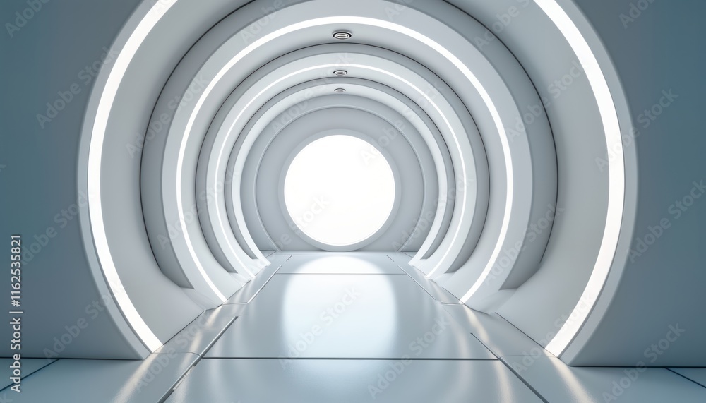 Fototapeta premium Futuristic hallway features round arched structure. White, light tech design. Smooth interior. Round hatch leads to space. Modern architecture style. High-tech concept. Perfect for sci-fi
