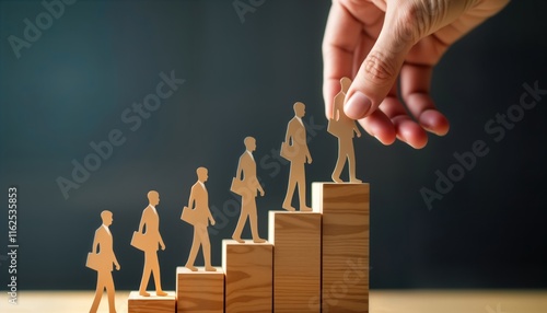 Mentor guides people toward career advancement. Hand places figure on wooden step. Personal development, goal achievement. Photo shows pathway to success, skill enhancement. Inspirational, highlights photo