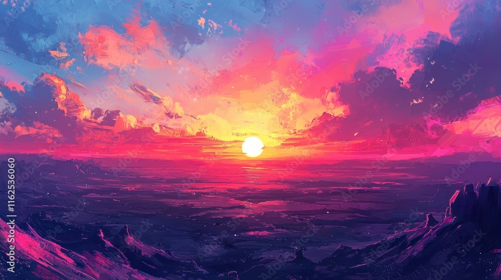 Vibrant Sunset Over a Purple and Pink Landscape Vibrant Sunset Over a Purple and Pink Landscape