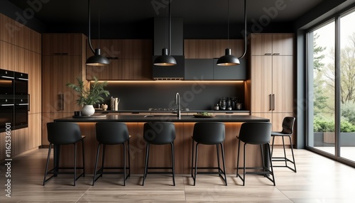Modern kitchen with dark wooden cabinets, black countertop island. Stylish black barstools arranged around island. Kitchen design minimalist, comfortable. Daylight streams in through large windows.