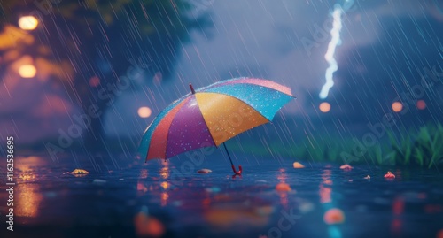 Rainy Day with Colorful Umbrella Amidst Lightning and Thunder. Blurred Background for Weather, Spring, or Summer Banner photo