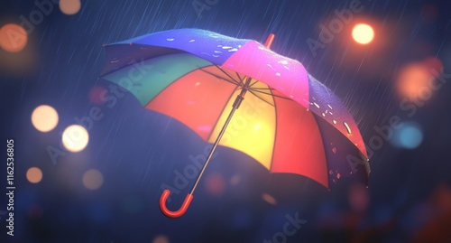 Rainy Day with Colorful Umbrella Amidst Lightning and Thunder. Blurred Background for Weather, Spring, or Summer Banner photo