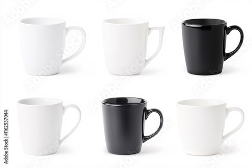 Minimalist Collection of Simple White and Black Coffee Mugs on White Background photo