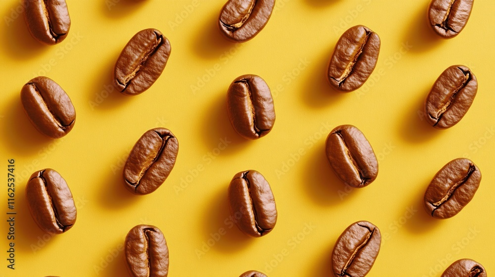 Coffee Beans Pattern on Bright Yellow Background Creating Vibrant Modern Design Coffee Beans Pattern on Bright Yellow Background Creating Vibrant Modern Design