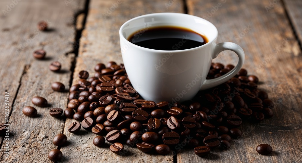 Coffee cup on a rustic table with scattered coffee beans for decoration Coffee cup on a rustic table with scattered coffee beans for decoration