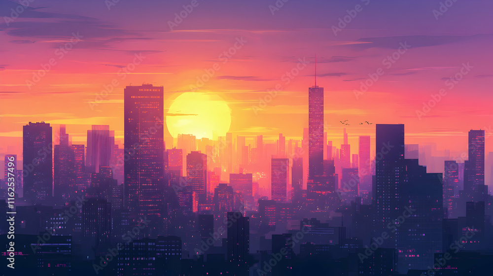 Stunning Cityscape at Sunset with Skyscrapers and Vibrant Skyline, Copyspace for Text or Graphics - Stunning Cityscape at Sunset with Skyscrapers and Vibrant Skyline, Copyspace for Text or Graphics -