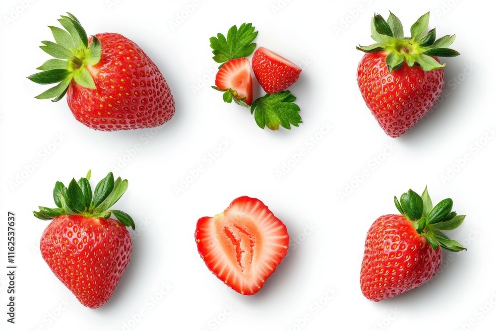 Assorted strawberries in various positions, featuring cut and whole berries Assorted strawberries in various positions, featuring cut and whole berries