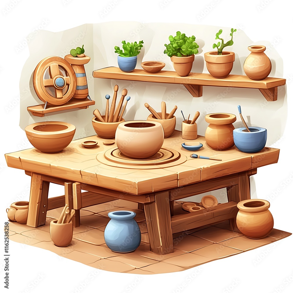 A whimsical illustration of a potter's workshop, filled with handcrafted pottery, tools, and plants. A whimsical illustration of a potter's workshop, filled with handcrafted pottery, tools, and plants.