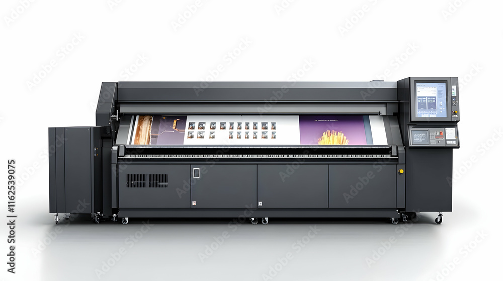 Obraz premium Wide-format label printing machine producing vibrant product labels for modern businesses -