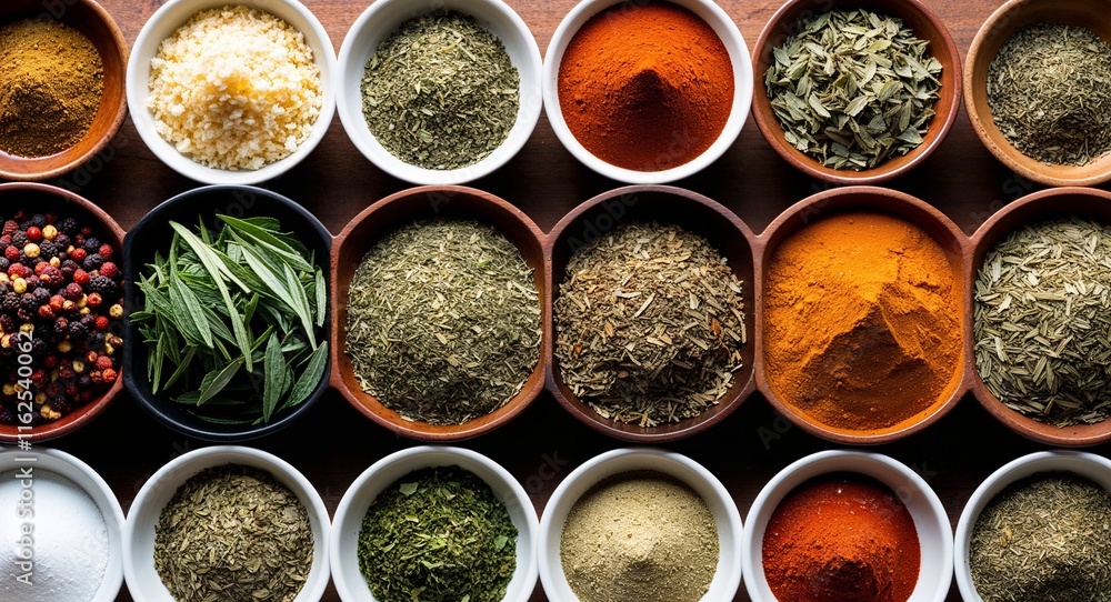 Herbs and spices in bowls arranged to show a spectrum of flavors from sweet to spicy Herbs and spices in bowls arranged to show a spectrum of flavors from sweet to spicy