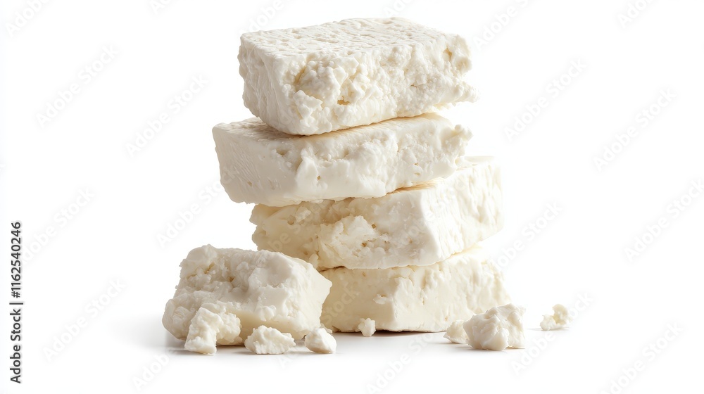 Feta cheese bundle stacked together, isolated on a simple white backdrop, showing off its crumbly texture Feta cheese bundle stacked together, isolated on a simple white backdrop, showing off its crumbly texture