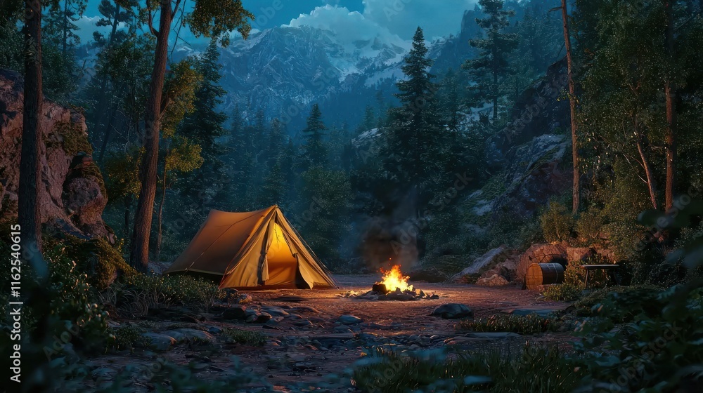 Illuminated Campsite Nestled In A Mountain Forest Illuminated Campsite Nestled In A Mountain Forest