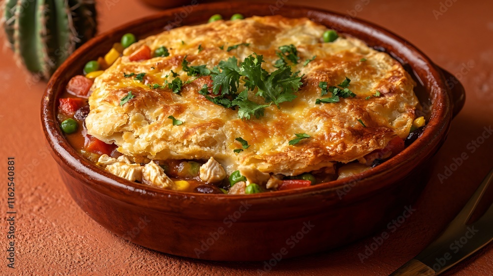 Southwest-style chicken potpie with spicy chilis and cornbread crust, isolated on a terracotta surface with a cactus in the corner Southwest-style chicken potpie with spicy chilis and cornbread crust, isolated on a terracotta surface with a cactus in the corner