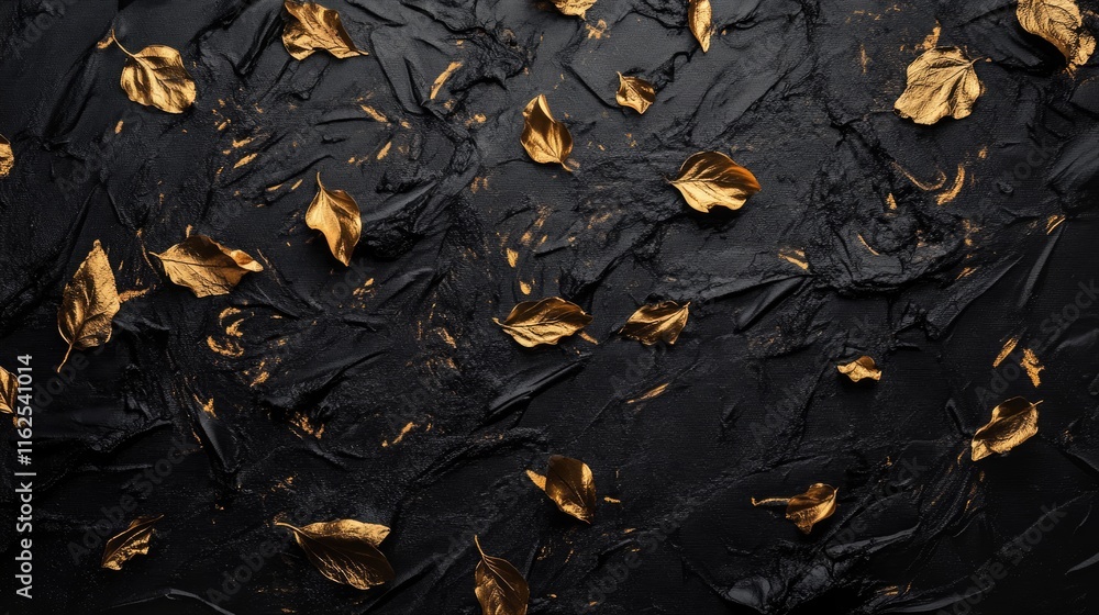 Obraz premium Golden Leaves on Black Surface for Elegant Background Decoration