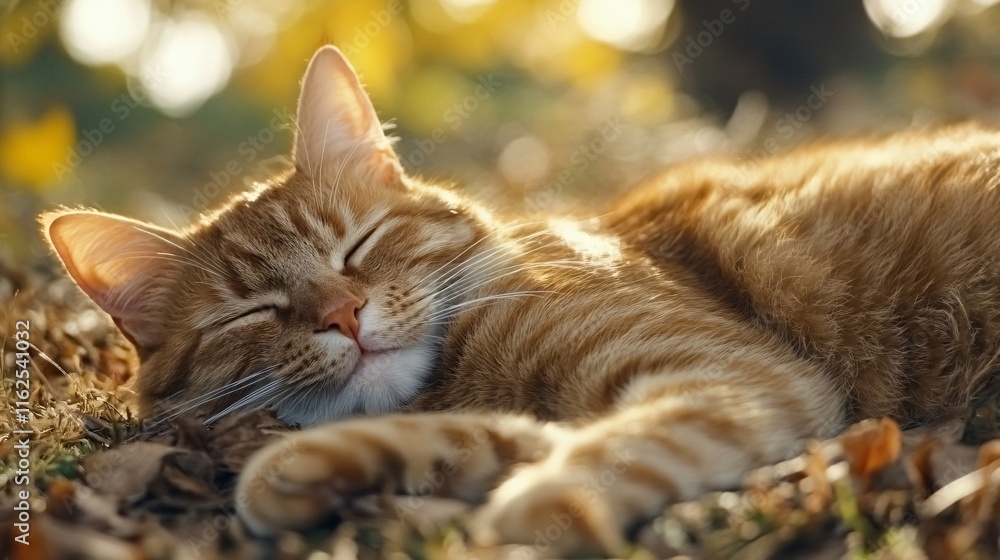 Fototapeta premium Adorable Ginger Cat Napping Outdoors in Autumn Sunlight