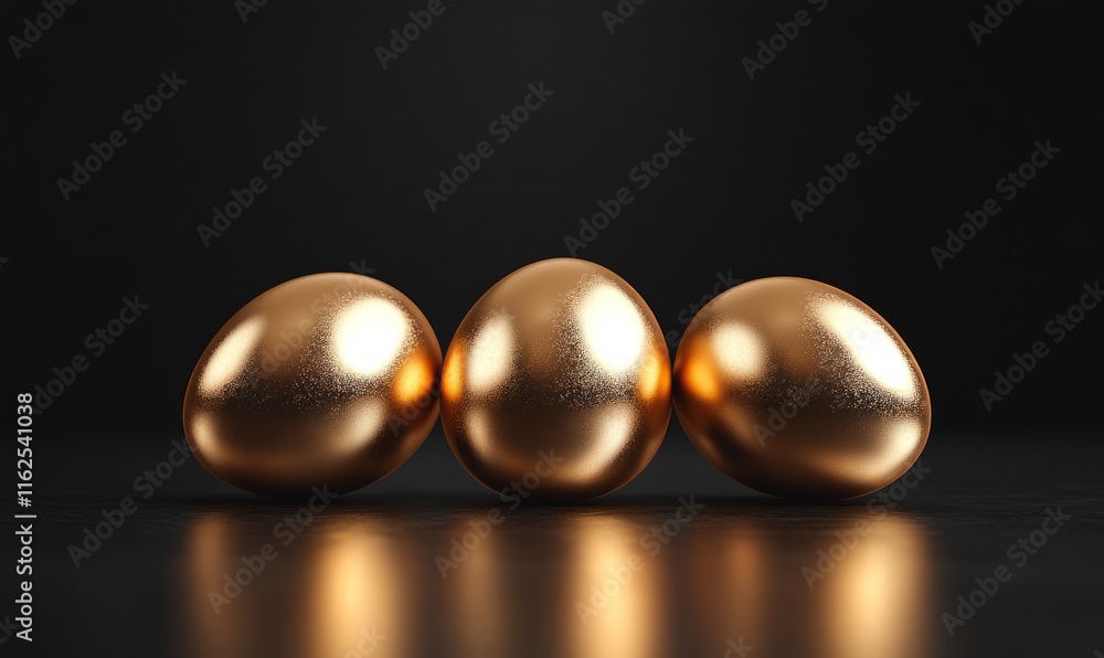 Three Gleaming Golden Eggs Against a Smooth Black Background Evoking Luxury and Wealth Three Gleaming Golden Eggs Against a Smooth Black Background Evoking Luxury and Wealth