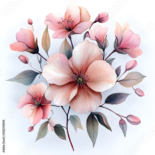 Nature, flowers, clipart watercolor painting of flower, symmetrical pattern, botanical print on white background, vintage style.QW-0591