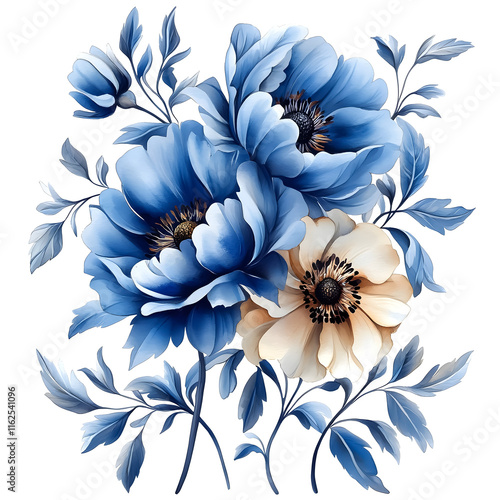 Nature, flowers, clipart watercolor painting of flower, symmetrical pattern, botanical print on white background, vintage style.QW-0594