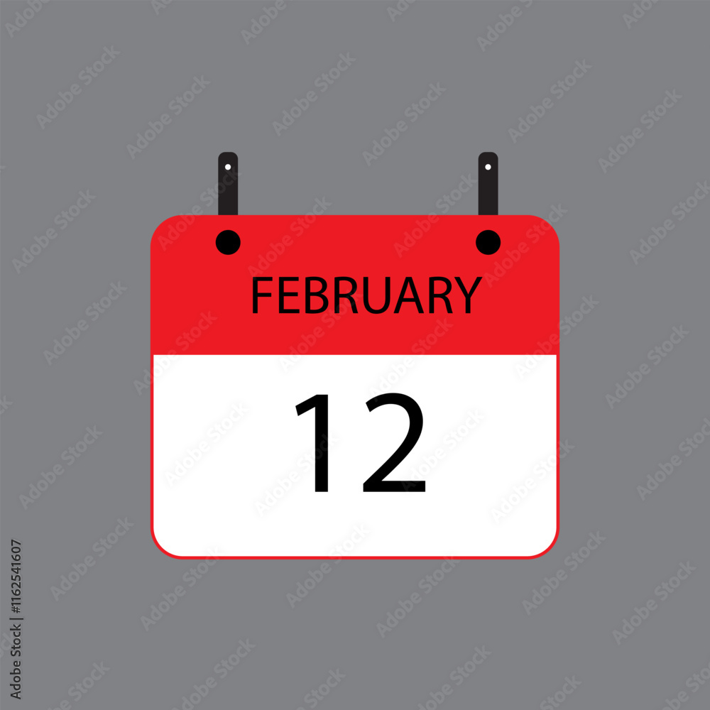 Calendar icon with February 12 date on grey background. Vector schedule symbol. Calendar icon with February 12 date on grey background. Vector schedule symbol.
