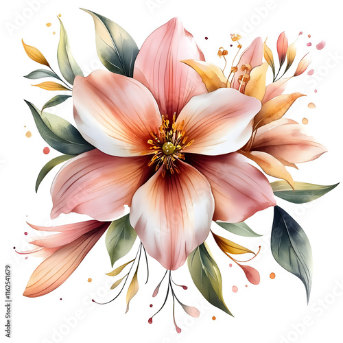 Nature, flowers, clipart watercolor painting of flower, symmetrical pattern, botanical print on white background, vintage style.QW-0563