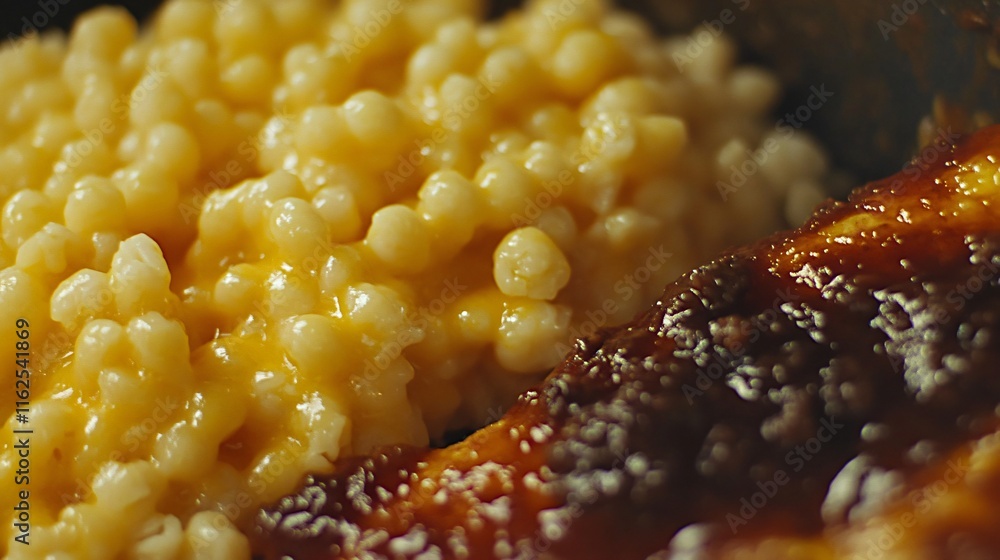 Close-up Creamy Mac and Cheese with BBQ Ribs Close-up Creamy Mac and Cheese with BBQ Ribs
