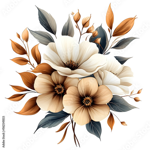 Nature, flowers, clipart watercolor painting of flower, symmetrical pattern, botanical print on white background, vintage style.QW-0552