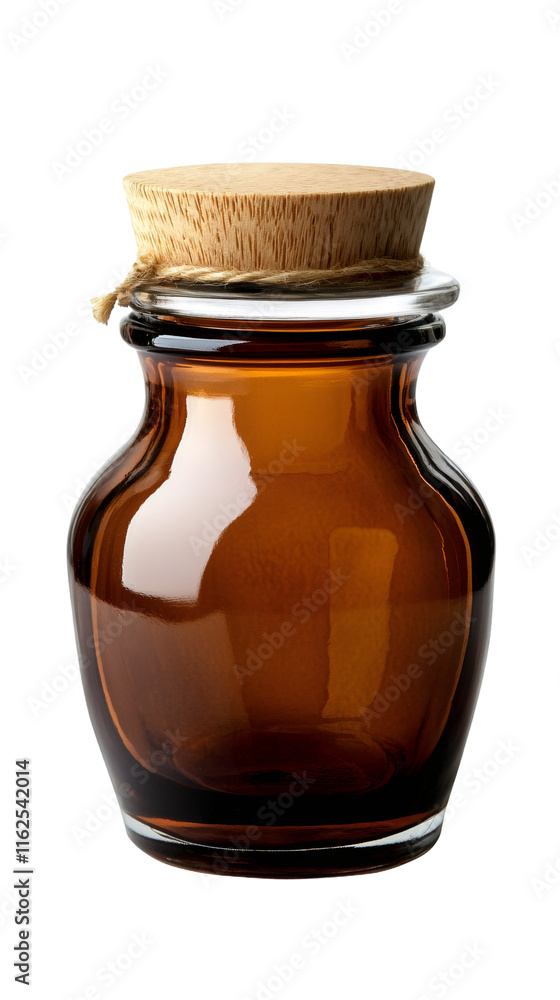 Glass jar with wooden cork, brown tint, positioned against transparent backdrop Glass jar with wooden cork, brown tint, positioned against transparent backdrop