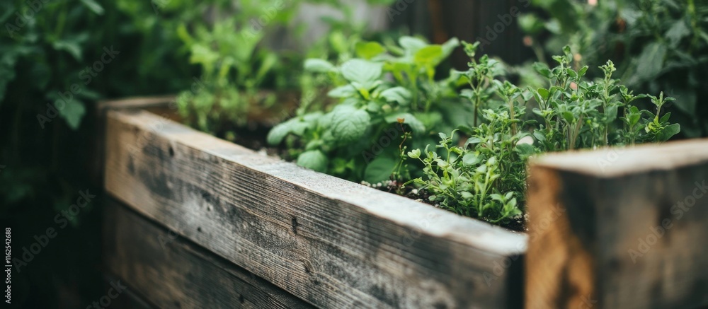 Close-up of wooden planter box with thriving herbs, highlighting natural beauty and eco-friendly urban garden idea Close-up of wooden planter box with thriving herbs, highlighting natural beauty and eco-friendly urban garden idea