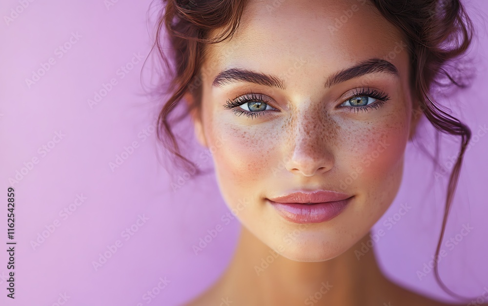 Naklejka premium Close-up portrait of a young woman with freckles and blue eyes, smiling softly against a lavender background.