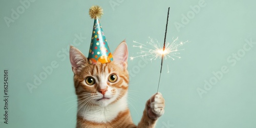 Cute cat in birthday hat holding sparkler on pastel green background with banner and copy space