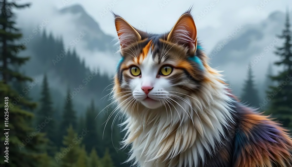 beautiful of a cat with colorfuls hair and the background is a misty mountain forest